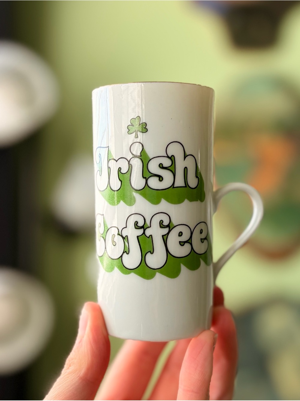 Irish Coffee Recipe Ceramic Shot Mug - White Green Lettering Shamrock Clover